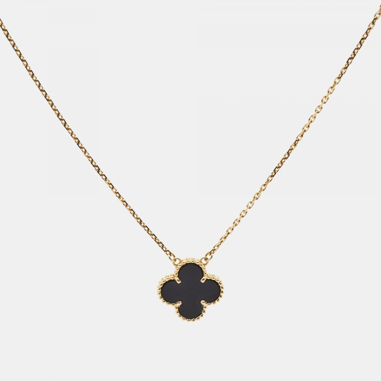 Pre Owned Van Cleef & Arpels Vintage Alhambra Onyx 18k Yellow Gold Necklace