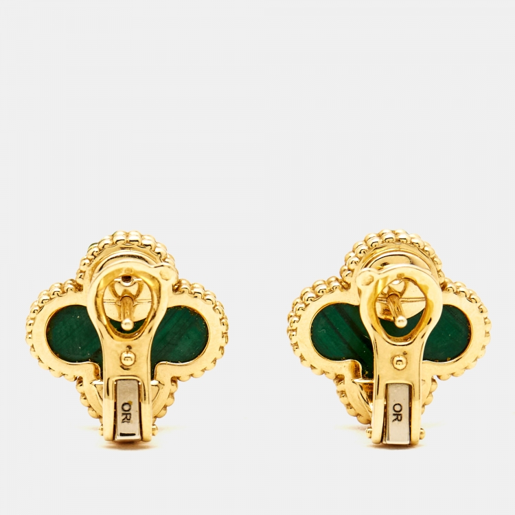 Pre Owned Van Cleef & Arpels Vintage Alhambra Malachite 18k Yellow Gold Earrings