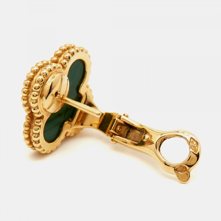 Pre Owned Van Cleef & Arpels Vintage Alhambra Malachite 18k Yellow Gold Earrings