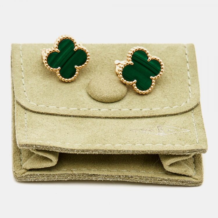 Pre Owned Van Cleef & Arpels Vintage Alhambra Malachite 18k Yellow Gold Earrings