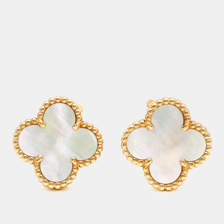 Pre Owned Van Cleef & Arpels Vintage Alhambra Mother of Pearl 18k Yellow Gold Earrings