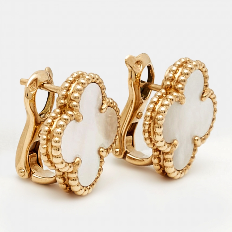 Pre Owned Van Cleef & Arpels Vintage Alhambra Mother of Pearl 18k Yellow Gold Earrings
