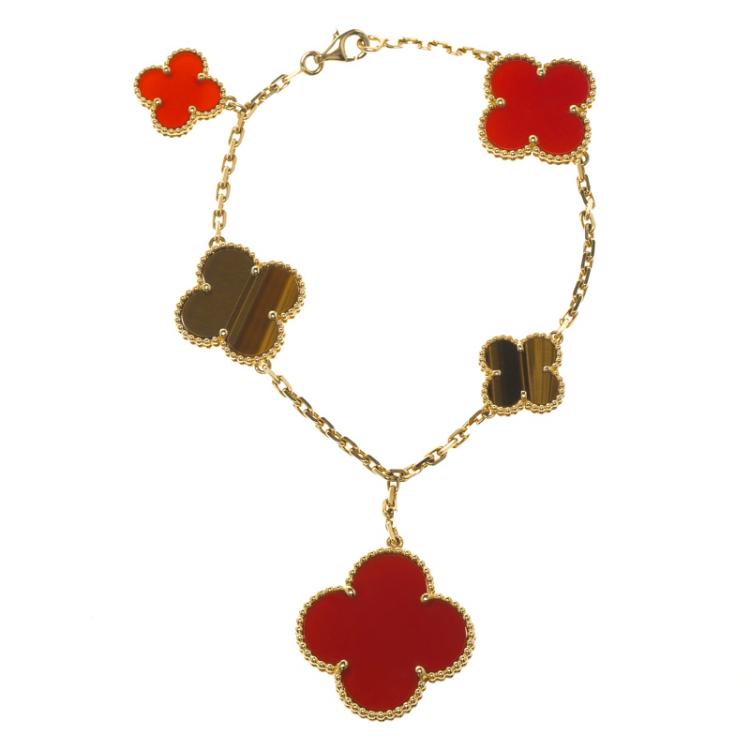 Pre Owned Van Cleef & Arpels Magic Alhambra Tiger's Eye & Carnelian 18k Yellow Gold Bracelet 20cm