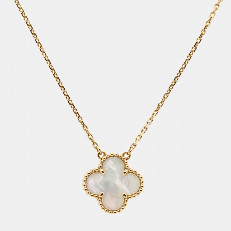 Pre Owned Van Cleef & Arpels Vintage Alhambra Mother of Pearl 18k Yellow Gold Necklace