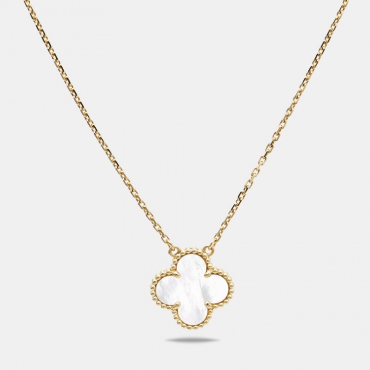 Pre Owned Van Cleef & Arpels Vintage Alhambra Mother of Pearl 18k Yellow Gold Necklace