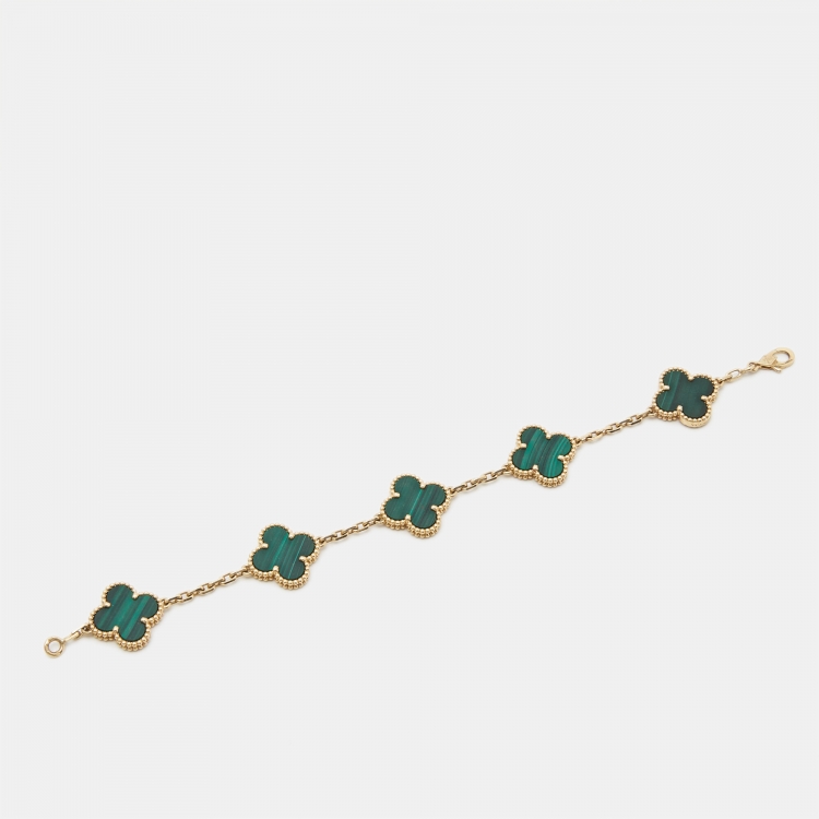 Pre Owned Van Cleef & Arpels Vintage Alhambra Malachite 5 Motif 18k Yellow Gold Bracelet