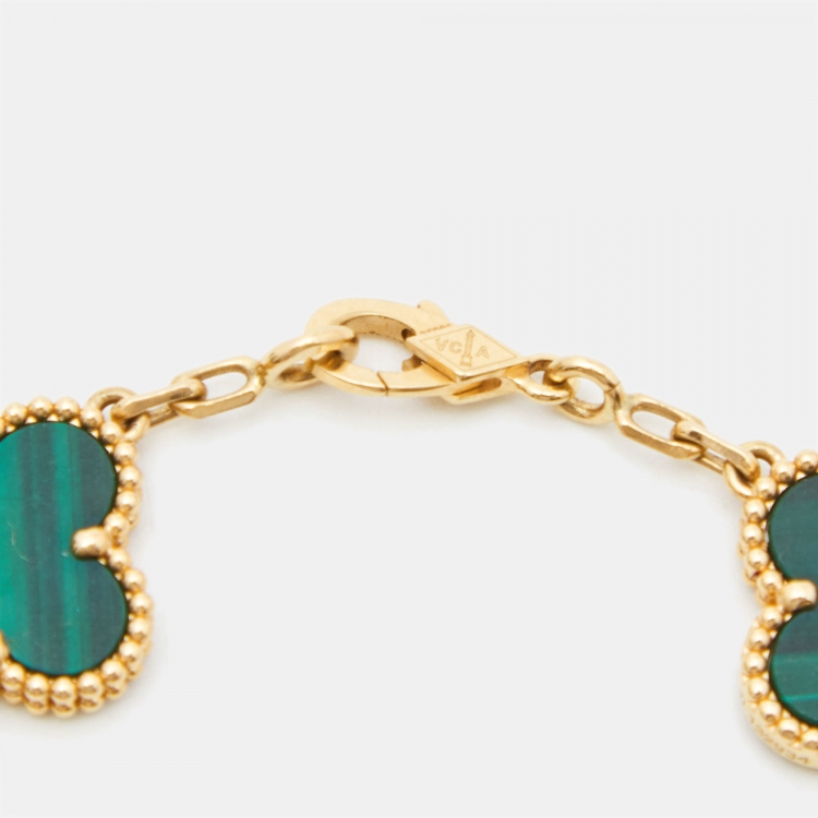 Pre Owned Van Cleef & Arpels Vintage Alhambra Malachite 5 Motif 18k Yellow Gold Bracelet
