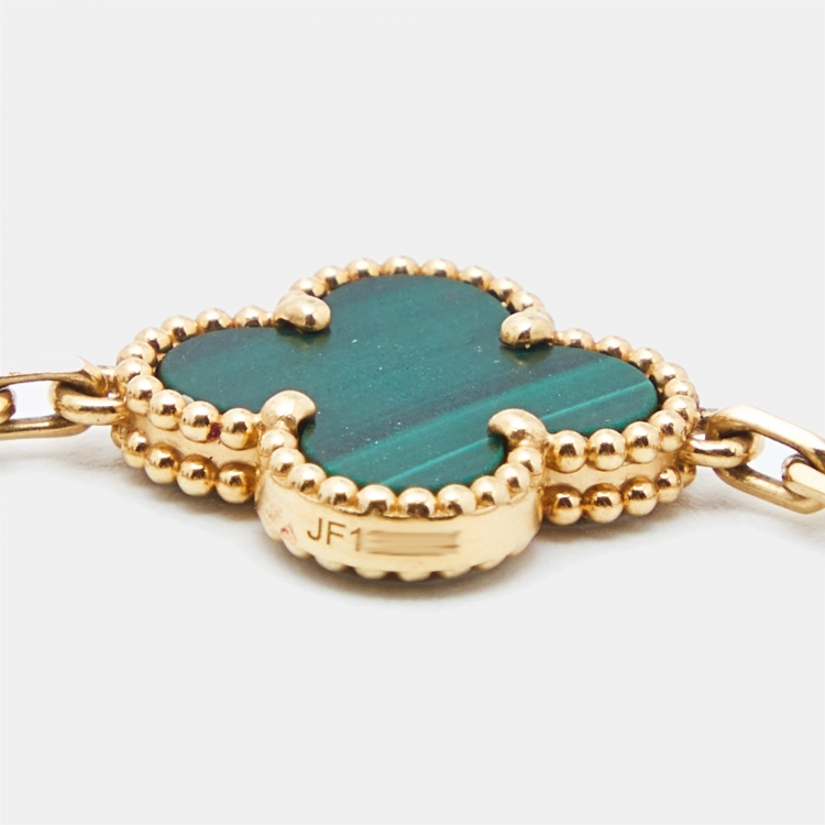 Pre Owned Van Cleef & Arpels Vintage Alhambra Malachite 5 Motif 18k Yellow Gold Bracelet