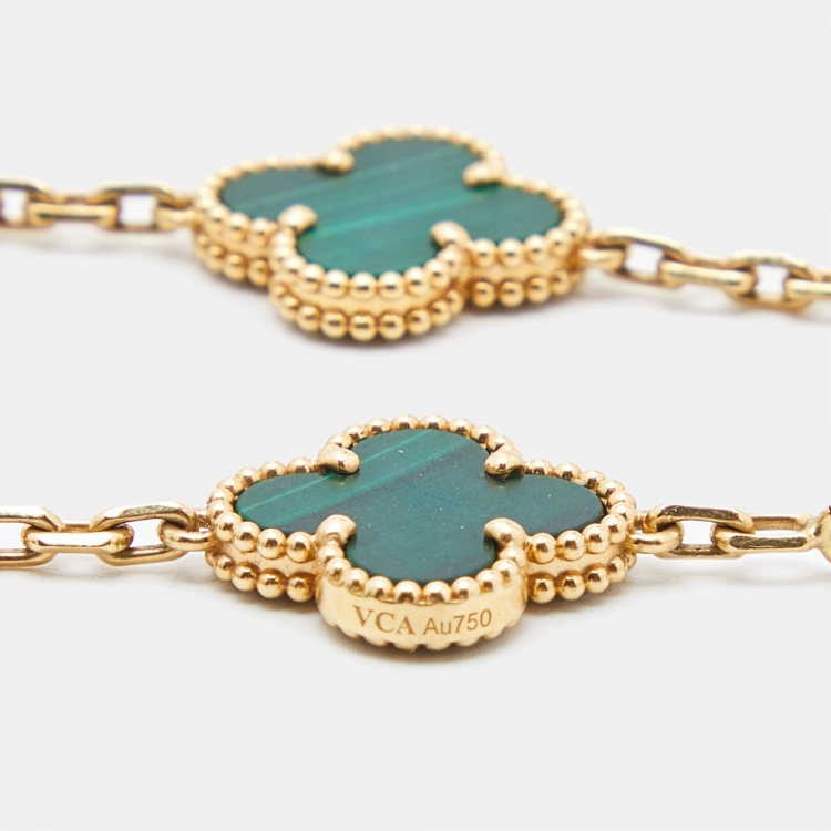 Pre Owned Van Cleef & Arpels Vintage Alhambra Malachite 5 Motif 18k Yellow Gold Bracelet