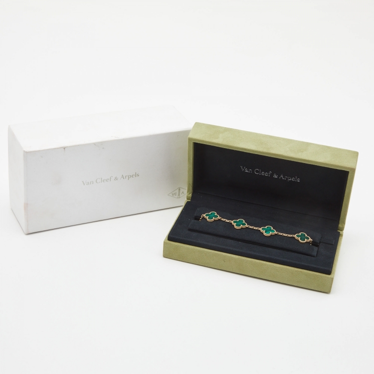 Pre Owned Van Cleef & Arpels Vintage Alhambra Malachite 5 Motif 18k Yellow Gold Bracelet