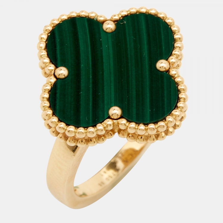 Pre Owned Van Cleef & Arpels Magic Alhambra Malachite 18k Yellow Gold Ring Size 55