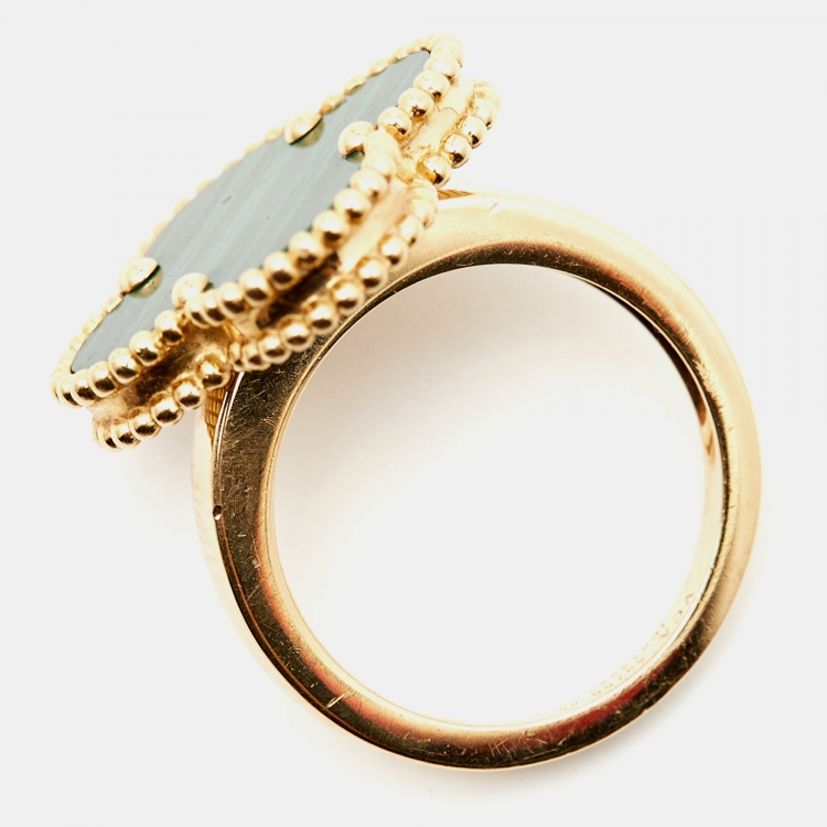 Pre Owned Van Cleef & Arpels Magic Alhambra Malachite 18k Yellow Gold Ring Size 55