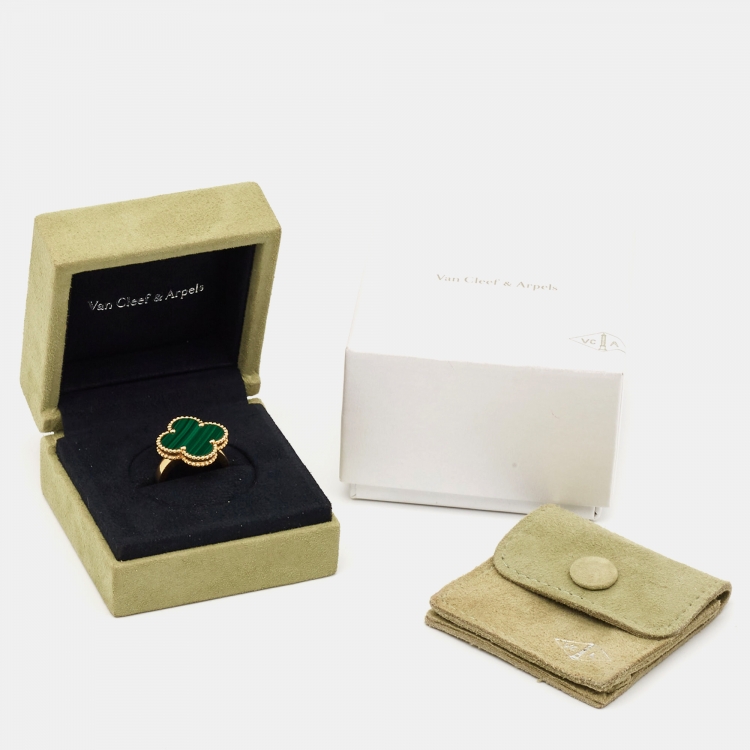 Pre Owned Van Cleef & Arpels Magic Alhambra Malachite 18k Yellow Gold Ring Size 55
