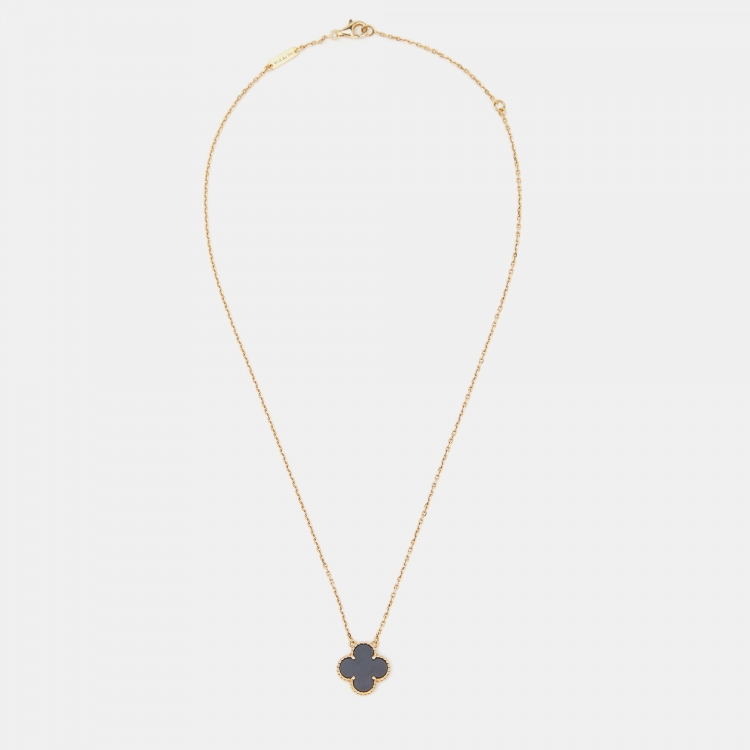 Pre Owned Van Cleef & Arpels Vintage Alhambra Onyx 18k Yellow Gold Necklace 
