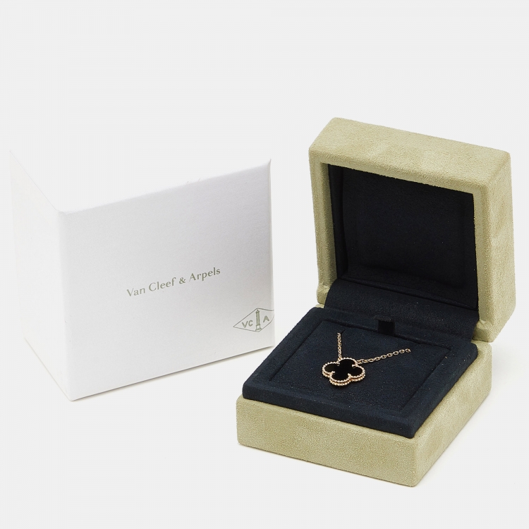 Pre Owned Van Cleef & Arpels Vintage Alhambra Onyx 18k Yellow Gold Necklace 