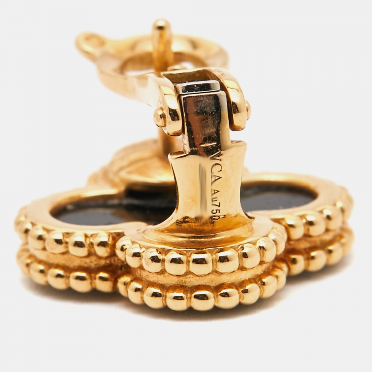 Pre Owned Van Cleef & Arpels Vintage Alhambra Onyx 18k Yellow Gold Earrings
