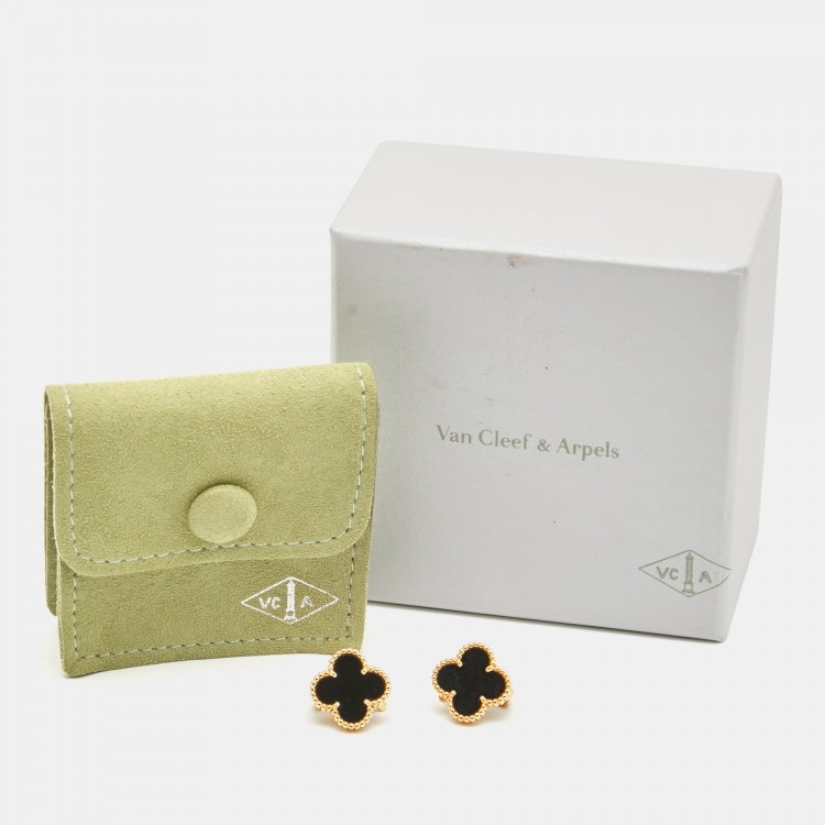 Pre Owned Van Cleef & Arpels Vintage Alhambra Onyx 18k Yellow Gold Earrings
