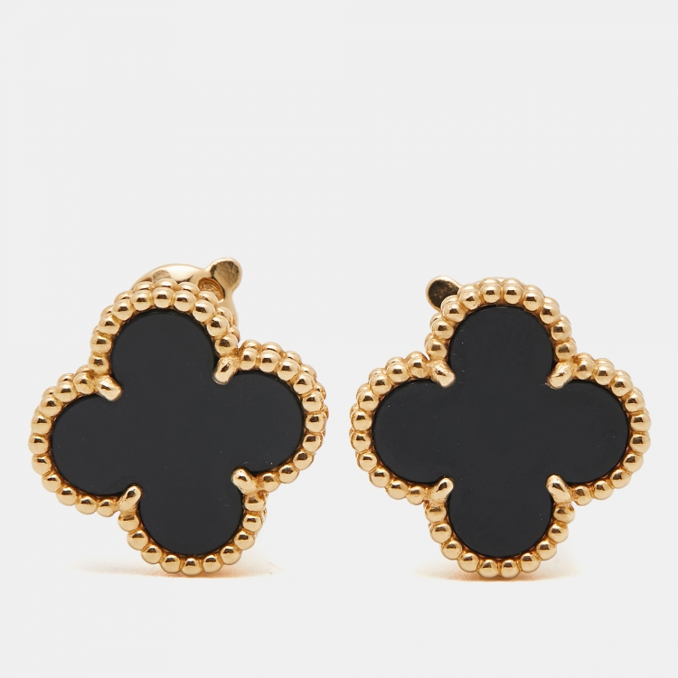 Pre Owned Van Cleef & Arpels Vintage Alhambra Onyx 18k Yellow Gold Earrings