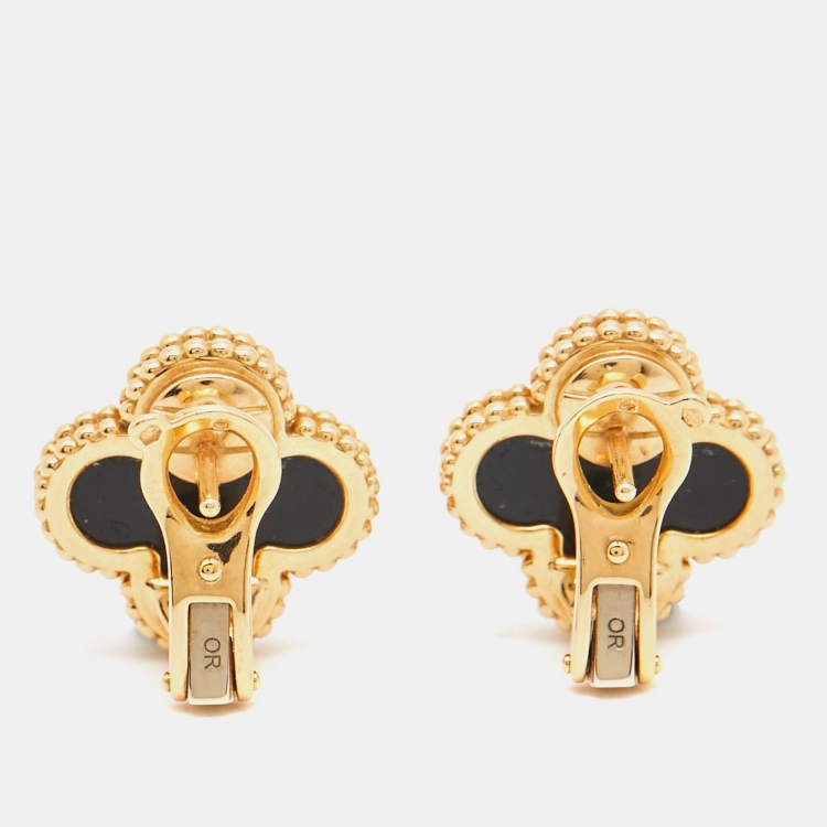 Pre Owned Van Cleef & Arpels Vintage Alhambra Onyx 18k Yellow Gold Earrings