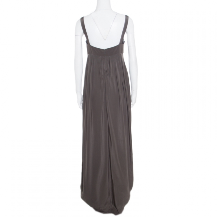 Pre Owned Vera Wang Grey and Cream Silk Lace Trimmed Sleeveless Evening Gown M