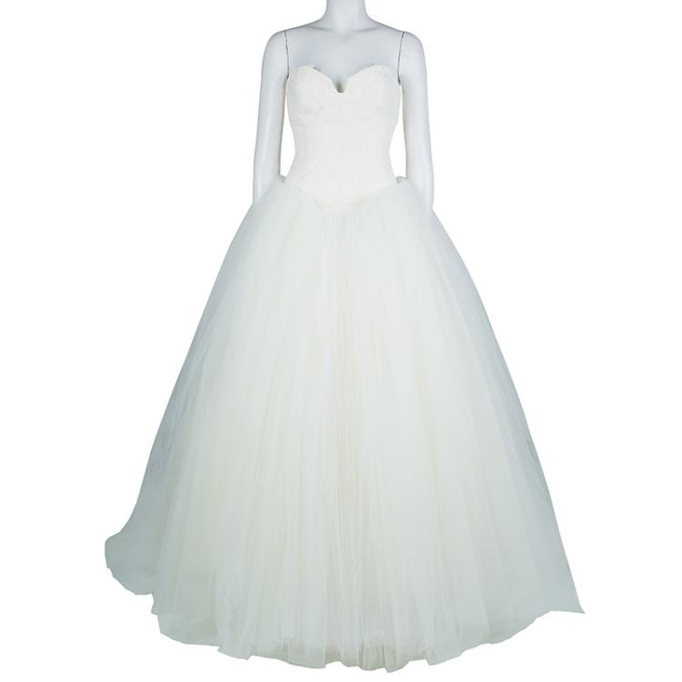 Pre Owned Vera Wang Strapless Lace Tulle Wedding Dress S