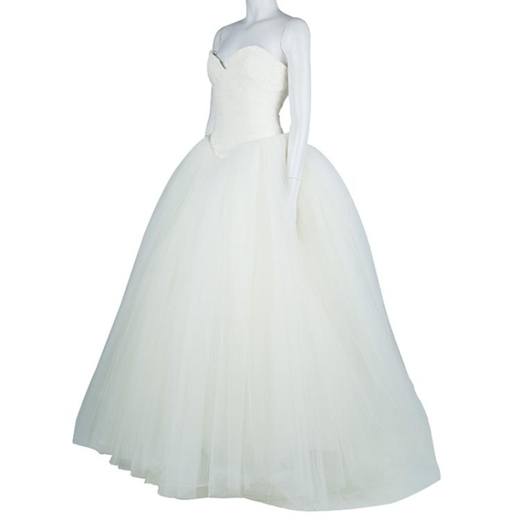 Pre Owned Vera Wang Strapless Lace Tulle Wedding Dress S
