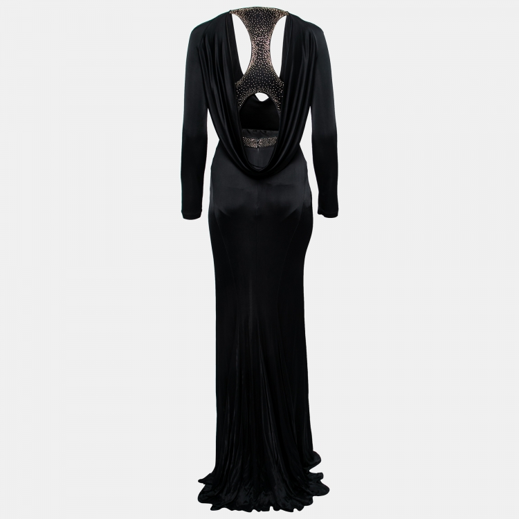 Pre Owned Versace Collection Black Jersey Stud Embellished Pleated Gown S 