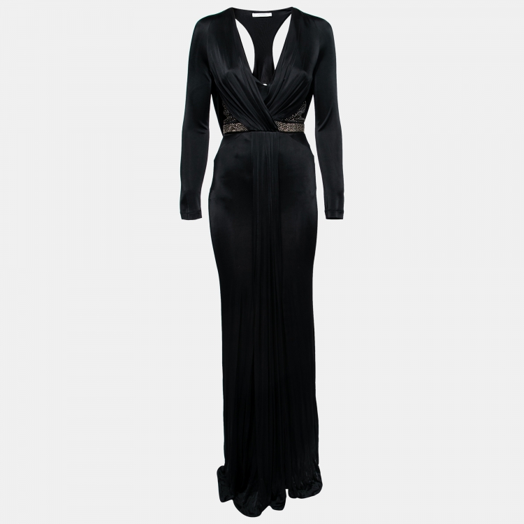 Pre Owned Versace Collection Black Jersey Stud Embellished Pleated Gown S 