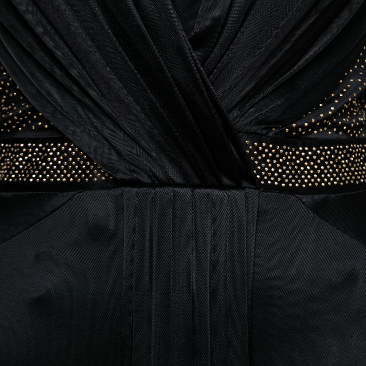 Pre Owned Versace Collection Black Jersey Stud Embellished Pleated Gown S 