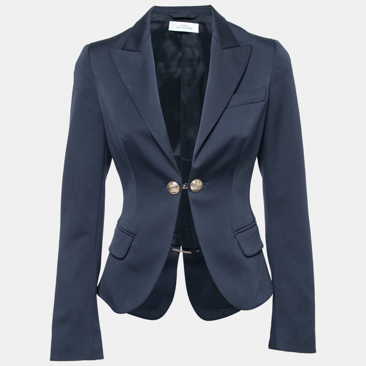 Pre Owned Versace Collection Navy Blue Crepe Medusa Button Detail Blazer S