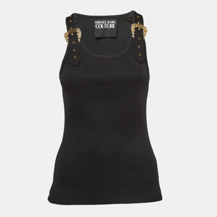 Pre Owned Versace Jeans Couture Black Rib Knit Buckle Detail Tank Top M