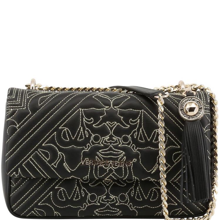 مملوكة مسبقًا Versace Jeans Black Faux Embossed Leather Chain Shoulder Bag