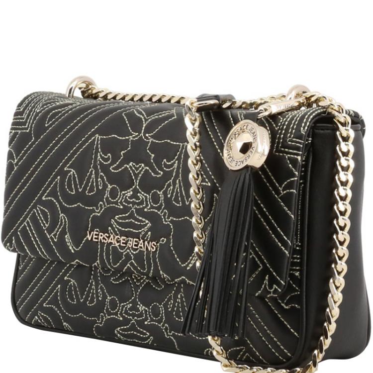 مملوكة مسبقًا Versace Jeans Black Faux Embossed Leather Chain Shoulder Bag
