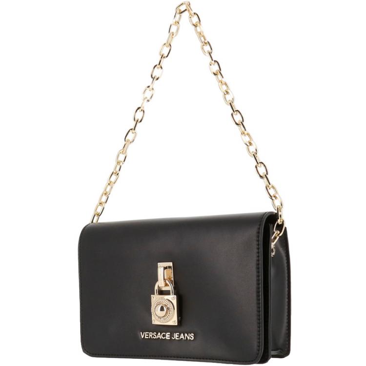 Pre Owned Versace Jeans Black Leather Chain Flap Bag