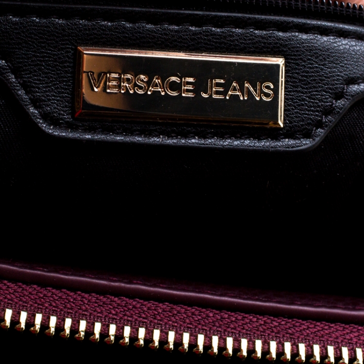Pre Owned Versace Jeans Burgundy Faux Pebbled Leather Top Handle Bag