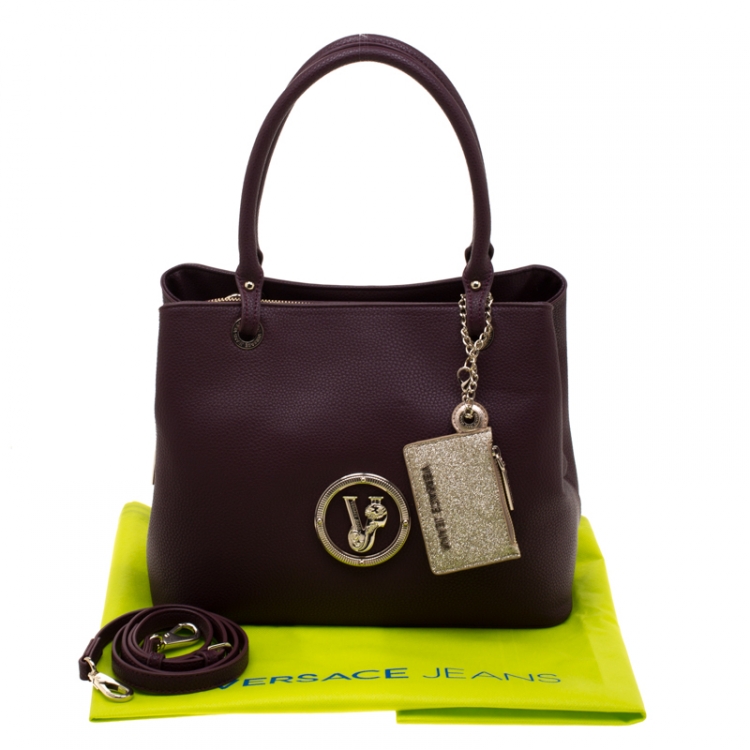 Pre Owned Versace Jeans Burgundy Faux Pebbled Leather Top Handle Bag