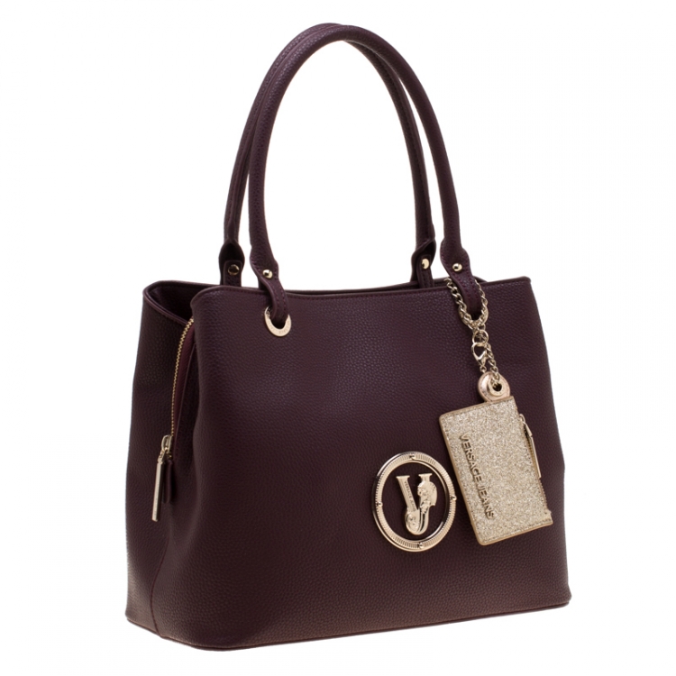 Pre Owned Versace Jeans Burgundy Faux Pebbled Leather Top Handle Bag