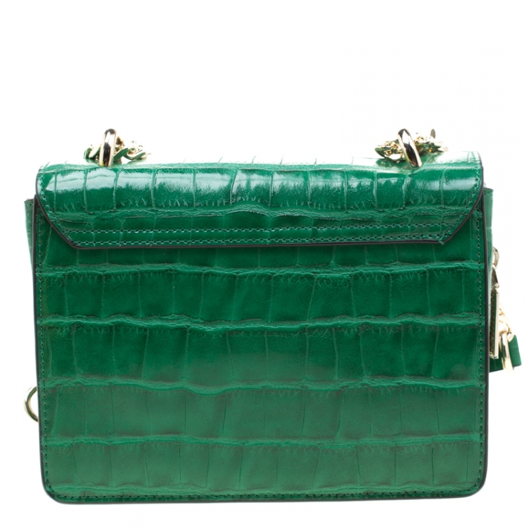 Pre Owned Versace Jeans Green Croc Embosed Faux Leather Chain Crossbody Bag