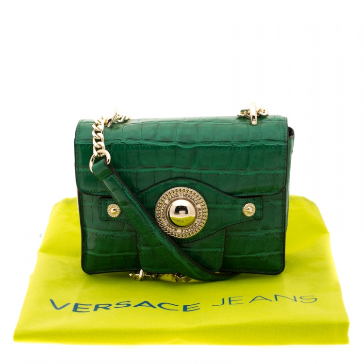 Pre Owned Versace Jeans Green Croc Embosed Faux Leather Chain Crossbody Bag