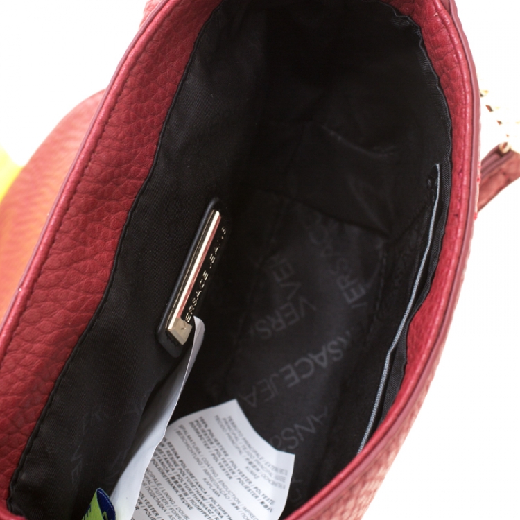 Pre Owned Versace Jeans Red Pebbled Faux Leather Chain Crossbody Bag