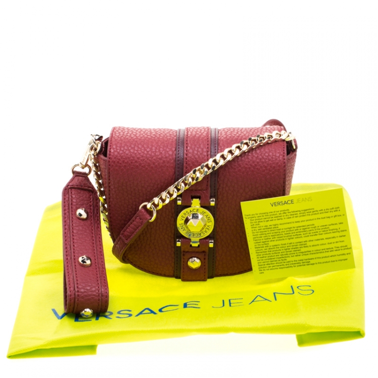Pre Owned Versace Jeans Red Pebbled Faux Leather Chain Crossbody Bag