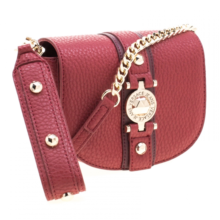 Pre Owned Versace Jeans Red Pebbled Faux Leather Chain Crossbody Bag