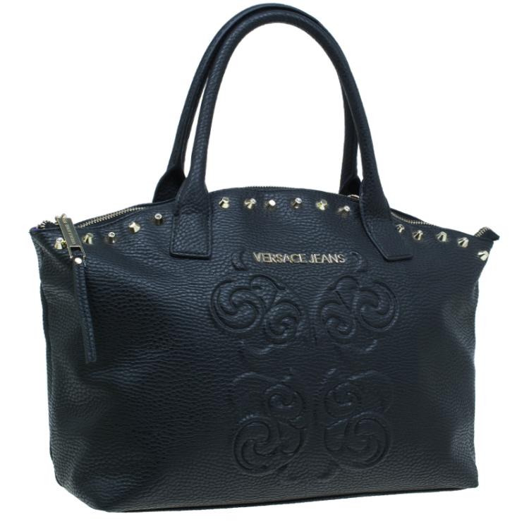 Pre Owned Versace Jeans Black Pebbled Leather Crystal Studs Shopping Tote