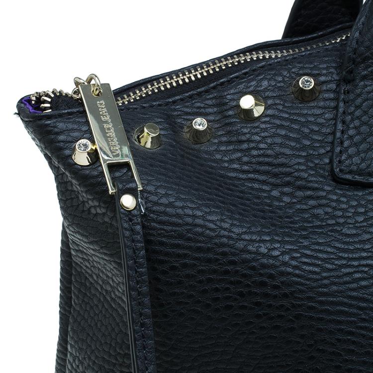 Pre Owned Versace Jeans Black Pebbled Leather Crystal Studs Shopping Tote