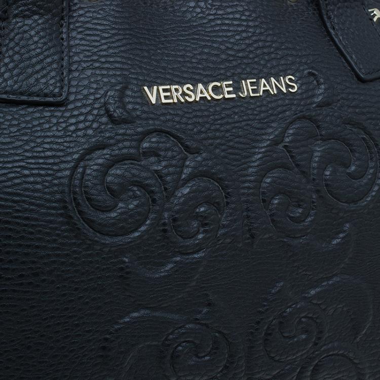 Pre Owned Versace Jeans Black Pebbled Leather Crystal Studs Shopping Tote