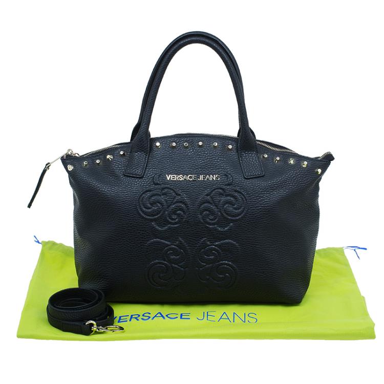 Pre Owned Versace Jeans Black Pebbled Leather Crystal Studs Shopping Tote