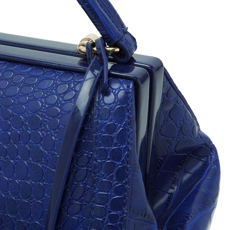 Pre Owned Versace Jeans Blue Croc Embossed Leather Satchel