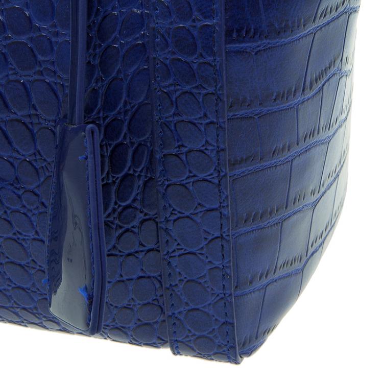 Pre Owned Versace Jeans Blue Croc Embossed Leather Satchel