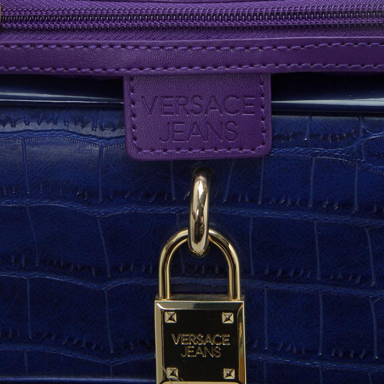 Pre Owned Versace Jeans Blue Croc Embossed Leather Satchel