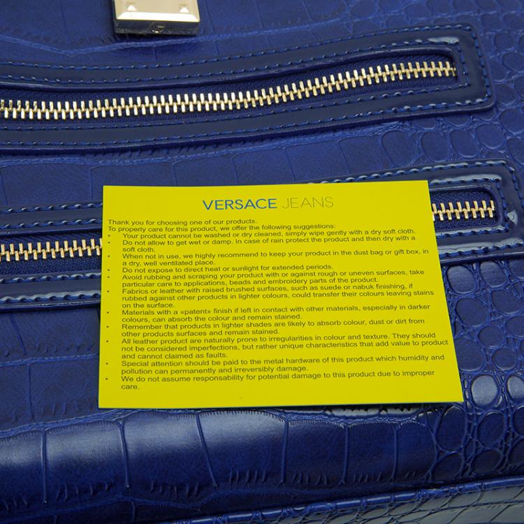Pre Owned Versace Jeans Blue Croc Embossed Leather Satchel